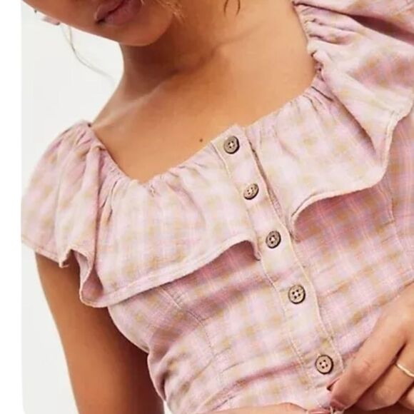 Free people corset ruffle Pink Plaid Ruffle Button-Down Top size small - Picture 2 of 8